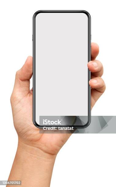 Hands Are Holding A Small Bezels Smart Phone Isolated On White Background Stock Photo - Download Image Now