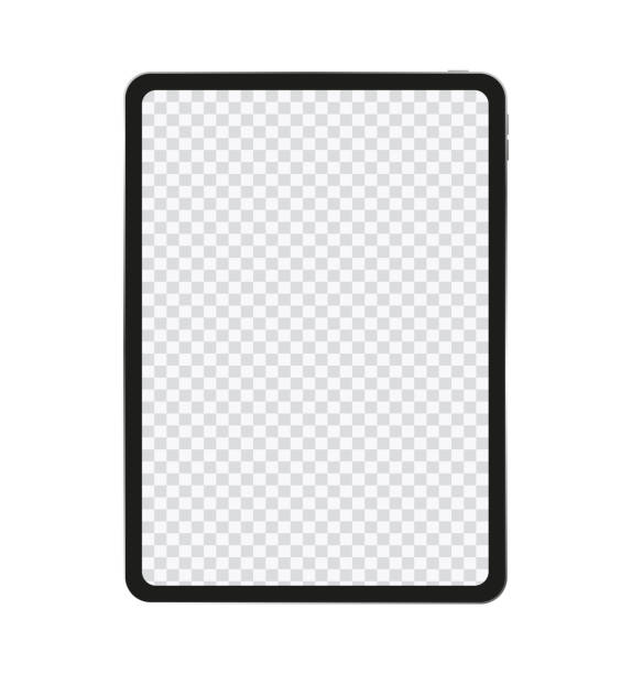 白い背景に現実的な黒のタブレット。前面透明表示ビュー。高い詳細なデバイスのモックアップ。グループとレイヤーを分離します。簡単に編集可能 - タブレット点のイラスト素材／クリップアート素材／マンガ素材／アイコン素材