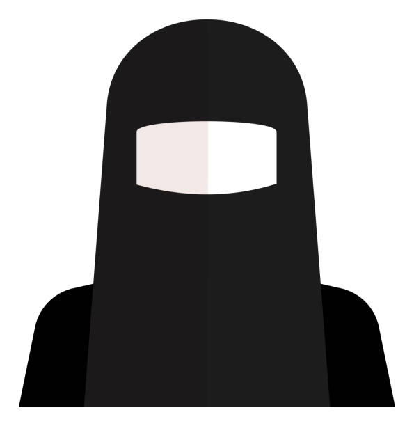 Woman in black niqab icon. Flat islamic female avatar Woman in black niqab icon. Flat islamic female avatar isolated on white background burka stock illustrations