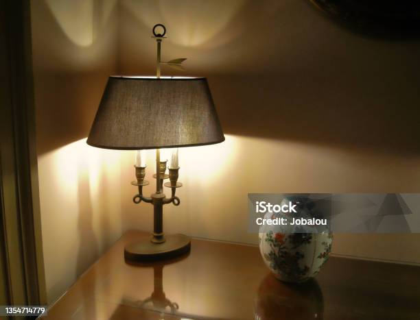 Old Lampshade Indoor A Classic Vintage Room Stock Photo - Download Image Now - Candlestick Holder, Lighting Equipment, Apartment