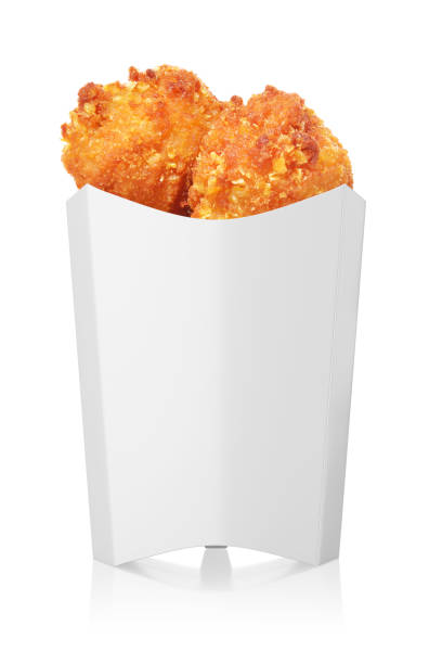 istock Chicken drumsticks in a white paper take out box isolated on white background. Front view. 3d rendering illustration. 1354714789