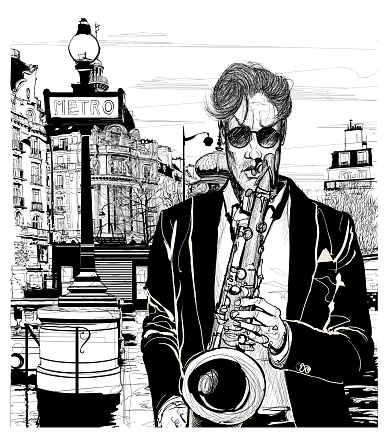 saxophone player in Paris - vector illustration (Ideal for printing on fabric or paper, poster or wallpaper, house decoration)