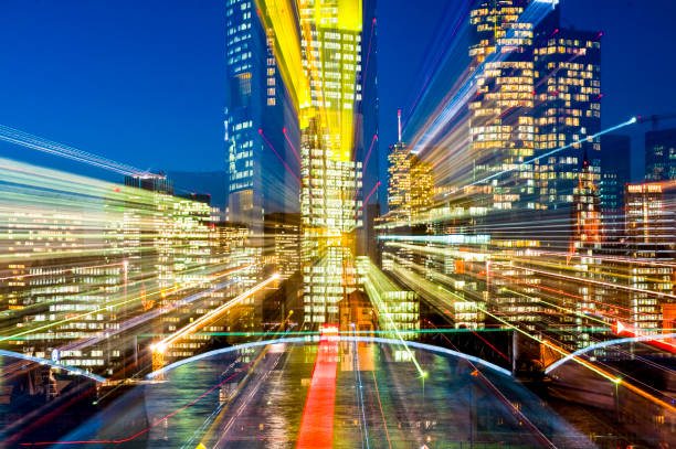 Frankfurt The skyline of Frankfurt in the evening with zoom effect city zoom out stock pictures, royalty-free photos & images