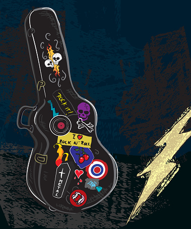 Vector drawing of an upright guitar case with colorful rock music themed stickers including, skulls, flames, bones, vinyl record, coffin, vampire teeth, hearts and more. Guitar case sits to left with lighting bolt on bottom right. Dark grunge background makes this ideal for rock concert poster. Area on top right for copy space. Download includes png file.
