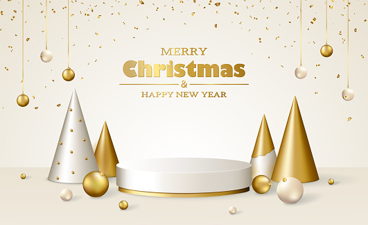 Christmas 3d scene with white and gold podium platform, Christmas fir trees and balls, confetti. Vector illustration.