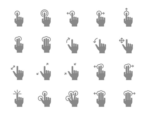ilustrações de stock, clip art, desenhos animados e ícones de set of touch screen gestures grey icon. hand click, finger multi touch, cursor pointer and more. - hand sign index finger human finger human thumb