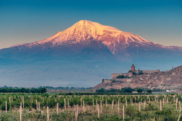 Vineyards on a fertile plain at the foot of Mount and volcano of Ararat and famous monastery of Khor Virap in the background at sunset Vineyards on a fertile plain at the foot of Mount and volcano of Ararat and famous monastery of Khor Virap in the background at sunset armenia country stock pictures, royalty-free photos & images