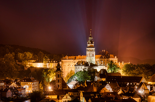 Night shot of beautiful Cesky Krumlov in the Czech Republic, with the tower of St Jost Church and the Castle dominating the city