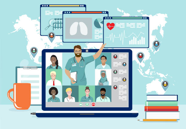 Doctors videoconference medical webinar vector art illustration