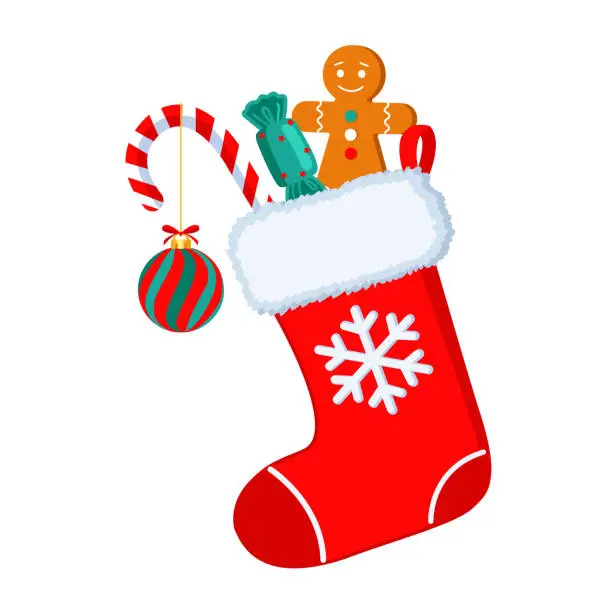 Vector illustration of Christmas boot stocking with gifts.