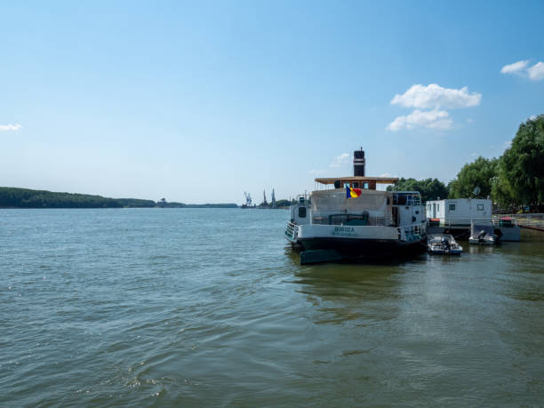 Braila, Romania - August 22 2021: Borcea, a restored passenger ship at the Danube waterfront. Borcea was built in 1914. Braila is a port on Danube river and the capital of Braila County.