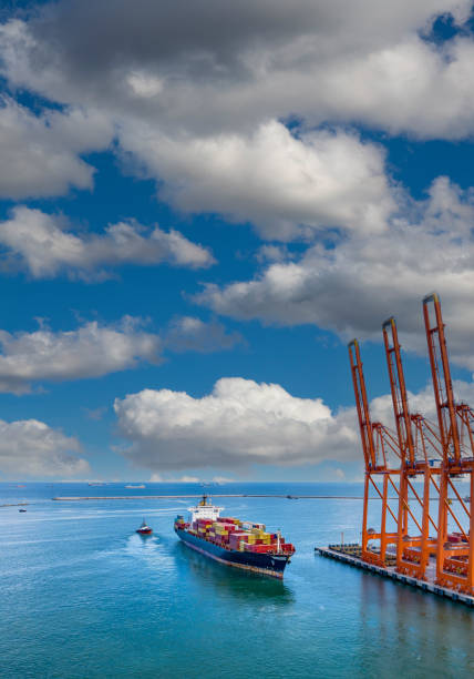 Aerial view of cargo ship in transit.