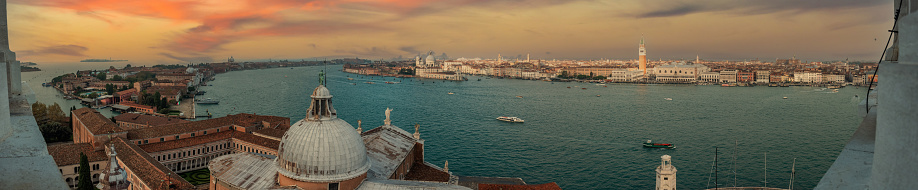 Panoramic View of Giudecca District and Veneto in Venice during cloudy Weather, view from Campanile di San Giorgio, Italy