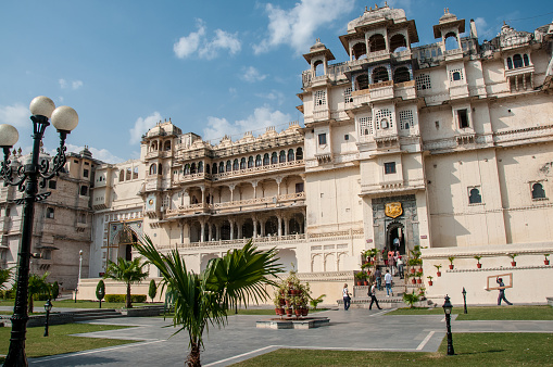 Udaipur, Rajasthan - oct 21, 2011 : the white and elaborate facades of the City Palace are one of the characteristics of the city of Udaipur