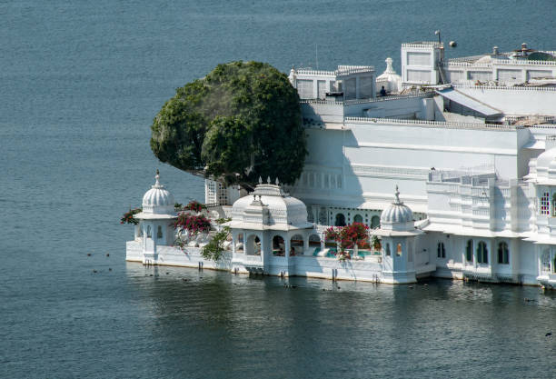 Detail of the Taj Lake Palace in the center of Lake Pichola in Udaipur Udaipur, Rajasthan - oct 21, 2011 : the Taj Lake Palace stands on a small island of Lake Pichola in Udaipur.  It is currently a luxury hotel. lake palace stock pictures, royalty-free photos & images