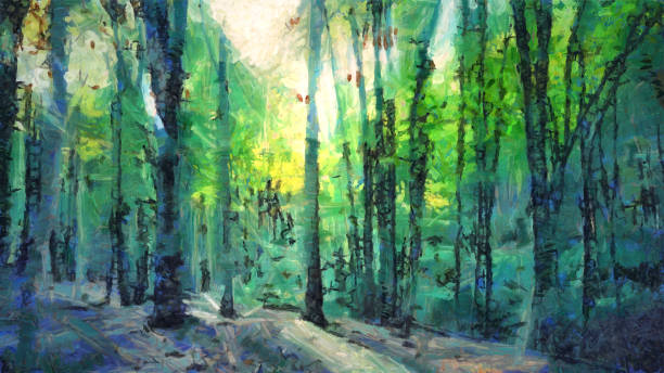 istock Modern digital painting of green forest. Contemporary art 1354733287