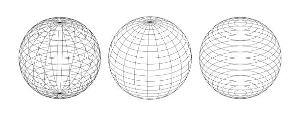 Set of 3d vector spheres from different sides. Horizontal and vertical lines, latitude and longitude Set of 3d vector spheres. Horizontal and vertical lines, latitude and longitude longitude stock illustrations