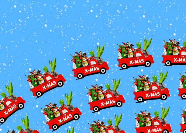 istock Christmas pattern with red cars an space on blue background 1354734736