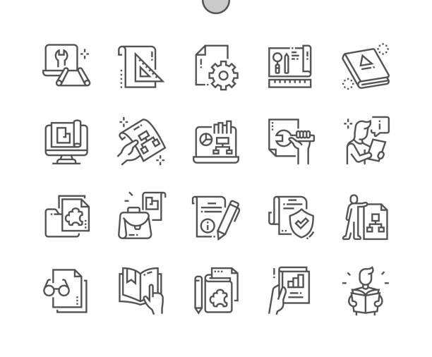 ilustrações de stock, clip art, desenhos animados e ícones de technical documentation. industrial, information, mechanical, paperwork and document. technical file. worker. pixel perfect vector thin line icons. simple minimal pictogram - people director editorial computer icon