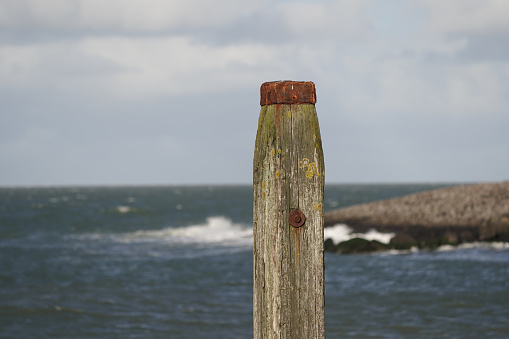 Een houten paal of dukdalf langs de kust