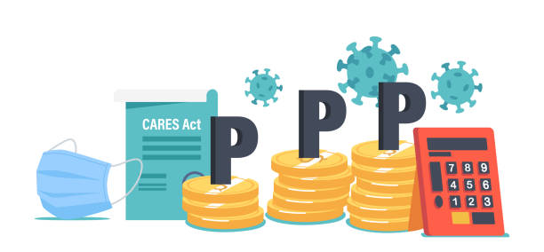PPP, Paycheck Protection Program Business Concept. Huge Money Piles, Calculator, Covid Cells and Mask with Cares Act PPP, Paycheck Protection Program Business Concept. Huge Money Piles, Calculator, Covid Cells and Mask with Cares Act. Government Support during Coronavirus Pandemic. Cartoon Vector Illustration ppp-program stock illustrations