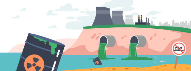 해양 석유 오염, 생태 재앙 개념. 유독 한 배럴, 파이프에서 독성 액체 흐름으로 오염 된 바다 �해변 - toxic substance pollution dirt garbage stock illustrations