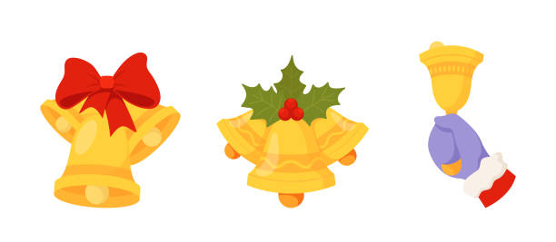 illustrations, cliparts, dessins animés et icônes de cloches de jingle de noël avec ruban, feuillage de baies de houx, la main du père noël sonne la cloche. décoration de noël, éléments de design - leaf poinsettia bell celebration