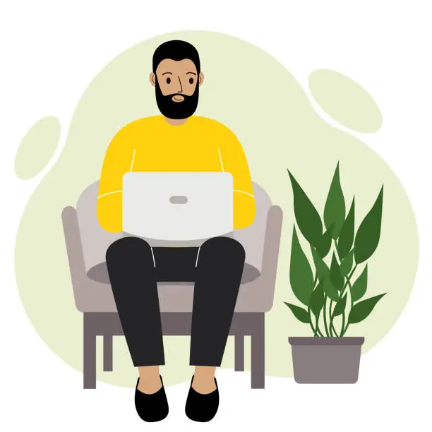 Vector illustration of A man sits with a laptop on an armchair at home. I work on a computer. Freelance, online education or social media concept