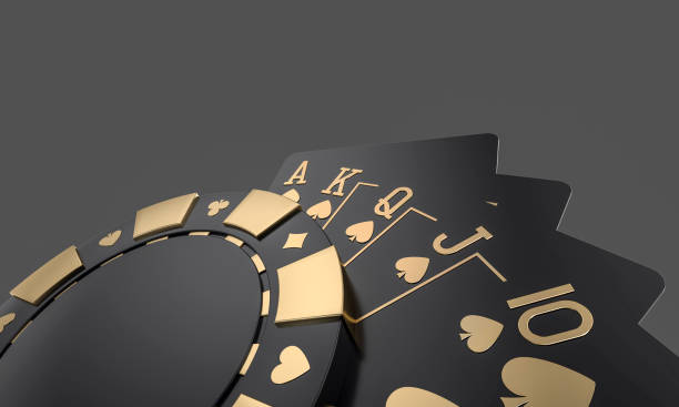 modern black and golden royal flush in spades poker playing cards and chips - ilustración 3d - poker cards royal flush leisure games fotografías e imágenes de stock