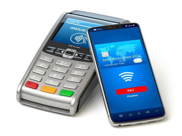 NFC contactless mobile payment technology concept. Smartphone with POS terminal isolated on white. stock photo