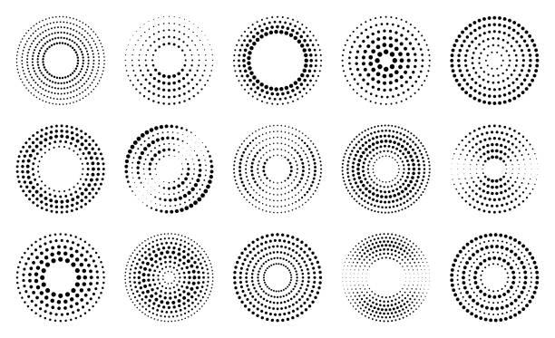 Circle design elements Set of different dotted circles. Round vector elements for design. Halftone effect. dotted line stock illustrations