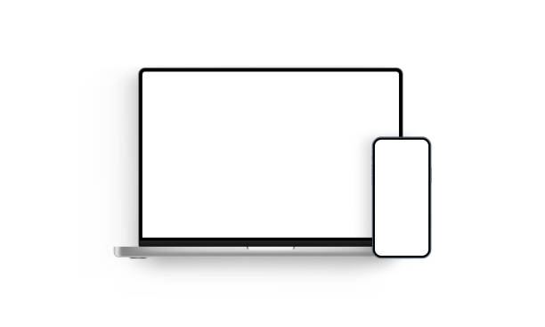 ilustraciones, imágenes clip art, dibujos animados e iconos de stock de computadora portátil y teléfono móvil con pantallas en blanco - laptop