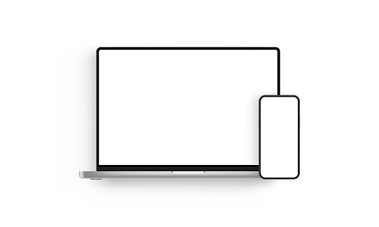 Laptop and Mobile Phone with Blank Screens, Isolated on White Background. Vector Illustration