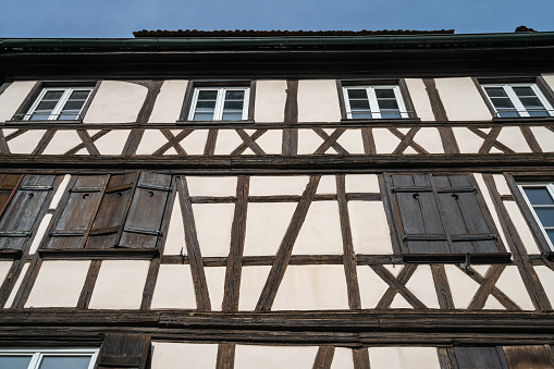 Hattingen, Germany - April 11, 2022: Hattingen's Old Town (Altstadt), a traditional German architectural district with half-timbered houses. Black and white photography.
