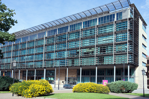 Oviedo, Spain; 10092021: Building for public services. Principado of Asturias. Spain. Sunny day, no people