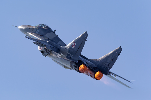 Payerne, Switzerland - August 31, 2014: Polish Air Force Mikoyan-Gurevich MiG-29A fighter aircraft departing Payerne Airport.
