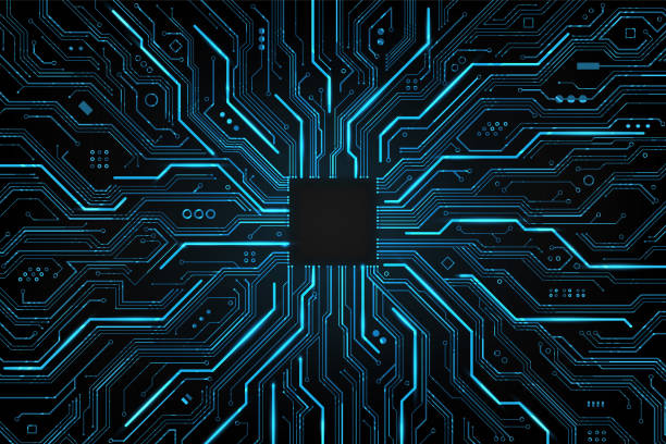 illustrazioni stock, clip art, cartoni animati e icone di tendenza di abstract technology circuit board background. codice del processore chip futuristico su sfondo della tecnologia blu, illustrazione vettoriale - abstract computer network backgrounds communication