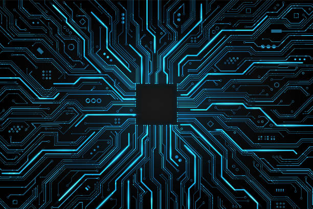 Abstract Technology Circuit board background. Futuristic chip processor code on blue technology background, vector illustration Abstract Technology Circuit board background. Futuristic chip processor code on blue technology background, vector illustration eps10 computer chip stock illustrations