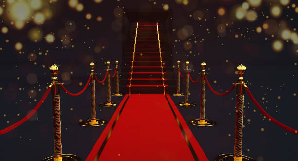 istock Red carpet on the stairs. Red carpet and path barriers 3d. VIP event, 1354760519