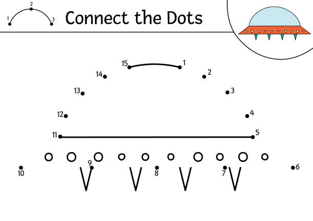 illustrations, cliparts, dessins animés et icônes de espace vectoriel point à point et activité de couleur avec un joli vaisseau spatial. l’astronomie relie le jeu des points pour les enfants. drôle de coloriage mathématique pour les enfants avec ovni kawaii - 5943