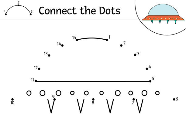 ilustrações de stock, clip art, desenhos animados e ícones de vector space dot-to-dot and color activity with cute spaceship. astronomy connect the dots game for children. funny math coloring page for kids with kawaii ufo - 5943