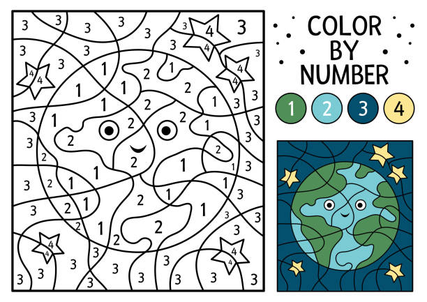 벡터 공간 색상은 지구 행성과 숫자 활성에 의해. 천문학 색칠 과 귀여운 별과 계산 게임. 아이들을위한 재미있는 우주 색칠 페이지. - 5946 stock illustrations
