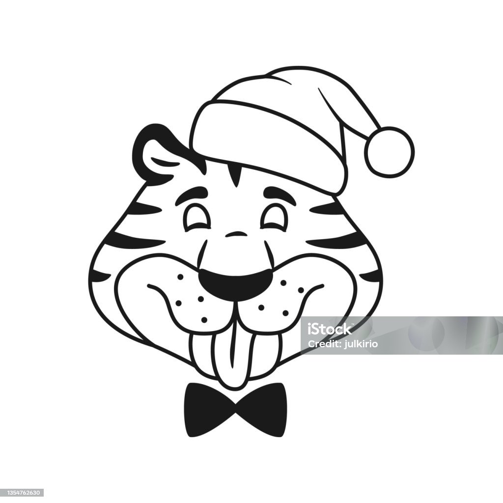 Teasing Comic Cartoon Tiger Head Black And White Outline Wild Cat Shows  Tongue Portrait Isolated On White Background Happy Smiling Animal In Santa  Hat Christmas Holiday Line Vector Illustration Stock Illustration -