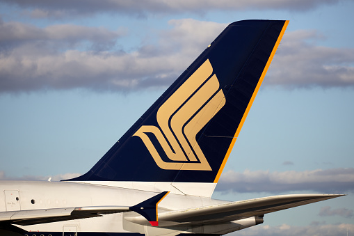 Melbourne, Australia - July 20, 2015: Tail of Singapore Airlines Airbus A380 large commercial airliner aircraft as it taxis at Melbourne Airport.