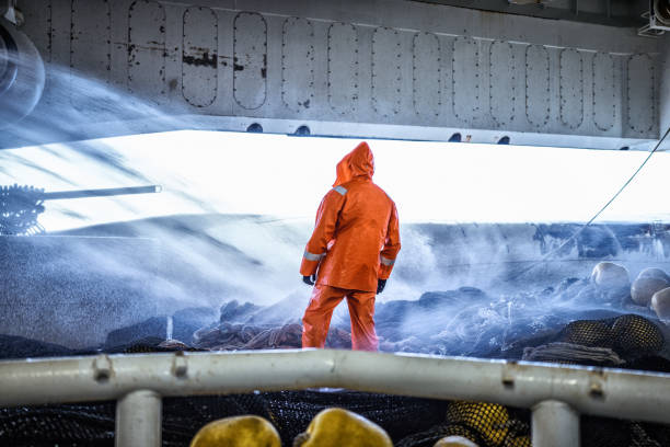 rybak na trawlerze, nad siecią rybacką - sea nautical vessel fisherman fishing industry zdjęcia i obrazy z banku zdjęć