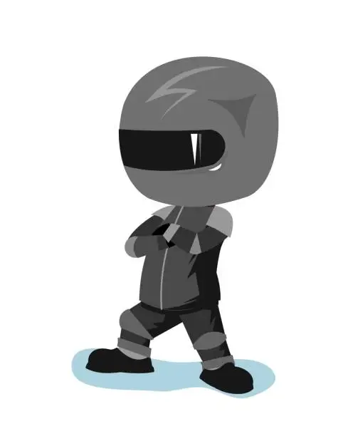 Vector illustration of Motorcyclist in a black jacket and helmet. Biker uniform. In the pose of a winner. Cartoon style. Funny character. Flat design. Isolated on white background. Vector