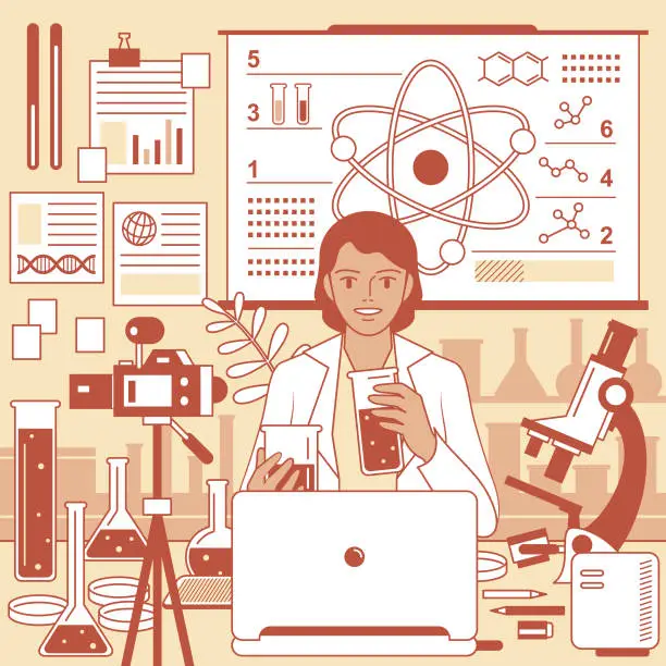 Vector illustration of Young female teacher (Scientist, Biochemist) is remotely teaching science (online class and scientific experiment) using laptop and camera and whiteboard at laboratory (classroom), e-learning and telecommuting concept