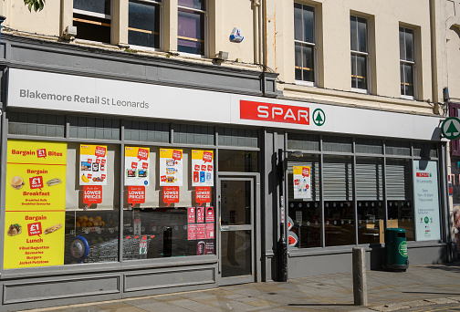 Hastings, United Kingdom - July 30 2020:  The frontage of Spar convinence store on Kings Road