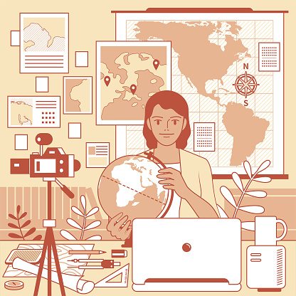 Vector line art illustration.
A young female teacher is remotely teaching geography (online class) using a laptop and camera and whiteboard and globe at home (classroom or office), e-learning, and telecommuting concept.