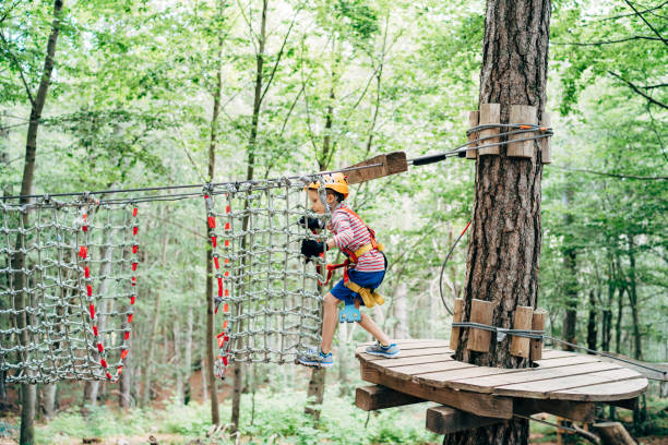 istock Boy steps from a wooden platform onto a mesh bridge 1354771541